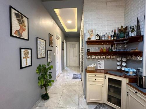 einen Flur einer Küche mit einer Theke und einem Flur sidx sidx sidx in der Unterkunft Cairo Hub in Kairo