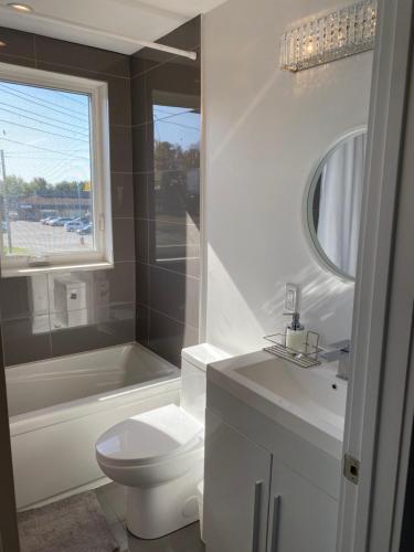 a bathroom with a toilet and a tub and a sink at Rooftop getaway Niagara in Niagara Falls