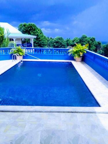 una piscina azul con una valla azul en come and enjoy singing birds, en Calibishie