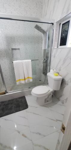 a white bathroom with a toilet and a shower at Finest Accommodation #528 Stem Ave Jacaranda 1 bedroom in Spanish Town