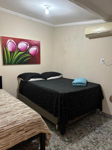 1 dormitorio con 1 cama y una pintura en la pared en Residencial EL - shadai, en Porto Seguro