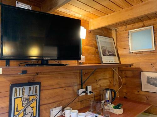 TV de pantalla plana grande en una pared de madera en Fiordo B&B and Beer-Spa en Potrerillos