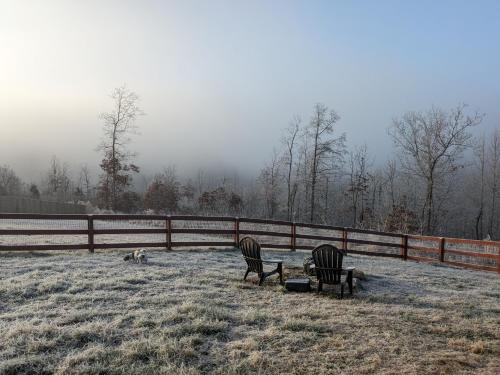 two chairs and a dog in front of a fence at GREAT Little Guest Suite with Private Entry & Deck! Pet Friendly & 30 Mins to Nashville! in Ashland City