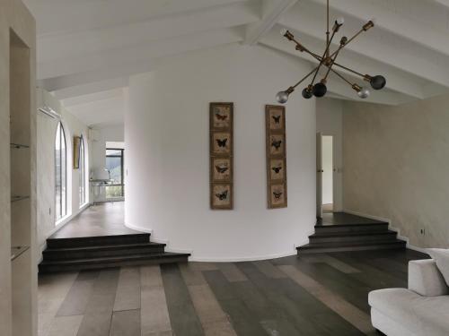a living room with a white wall and a couch at Luxury Harbour view in Dunedin