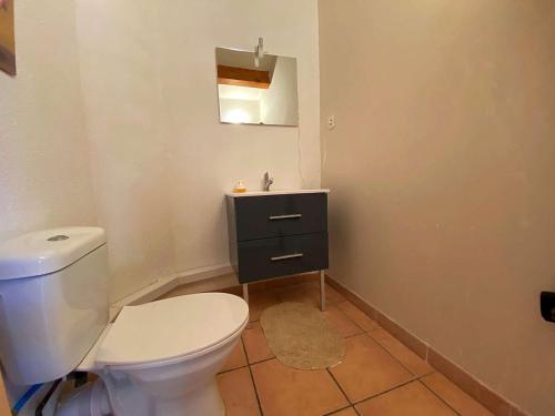 La salle de bains est pourvue de toilettes blanches et d'un lavabo. dans l'établissement Maison Gruissan, 3 pièces, 5 personnes - FR-1-229-877, à Gruissan