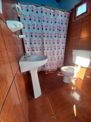 a bathroom with a sink and a toilet at Casa de familia in Cachí