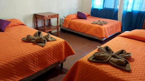 Una habitación con tres camas con zapatos. en Hostal Sweet Dreams en Panajachel