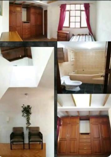 un collage de cuatro fotos de una habitación en La casa del Árbol, en Quito