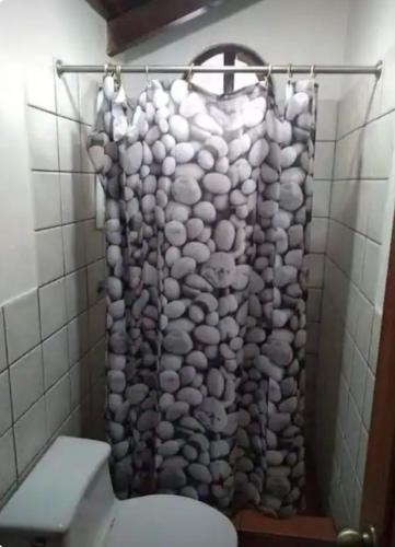 a bathroom with a shower curtain made of rocks at La casa del Árbol in Quito