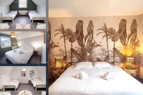 - une chambre dotée d'un lit blanc et d'une fresque murale sur les palmiers dans l'établissement La Ribambelle - Terrain de pétanque et barbecue, à Tendon