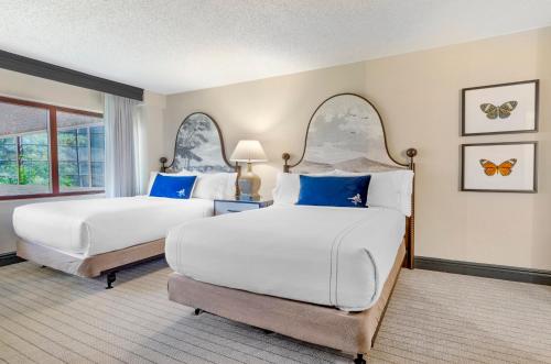 2 Betten in einem Schlafzimmer mit blau und weiß in der Unterkunft Omni Charlottesville Hotel in Charlottesville