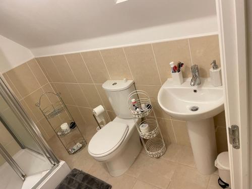 a bathroom with a toilet and a sink at Beanie’s North Swindon DoubleBed in Blunsdon Saint Andrew