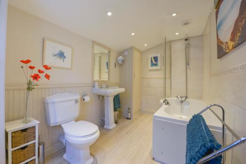 a bathroom with a toilet and a sink at The Shell Seekers in Fowey