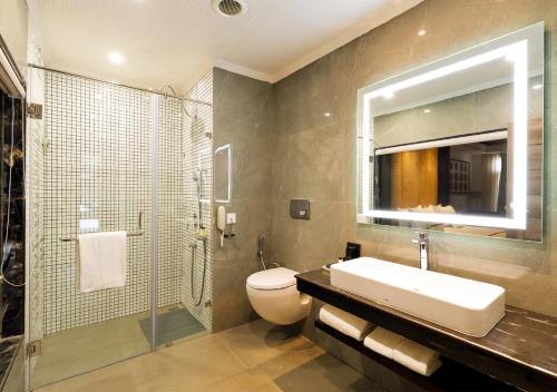 uma casa de banho com um WC, um lavatório e um chuveiro em jüSTa Cliffend Resort & Spa, Mashobra em Kīar