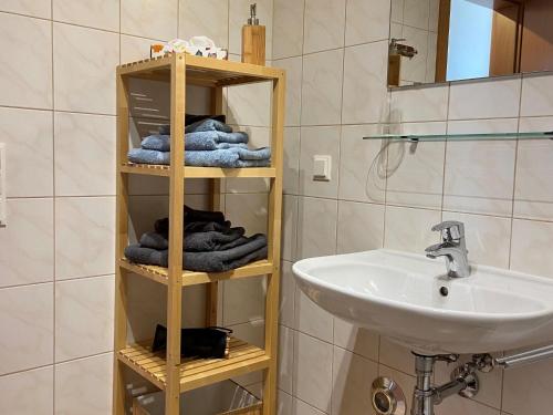 a bathroom with a towel rack next to a sink at Apartment in Sankt Margarethen near ski area in Sankt Margarethen im Lungau