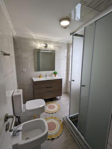 a bathroom with a toilet and a sink and a shower at Oceanview 2 Bedroom suite 5 adults PDL in Ponta Delgada