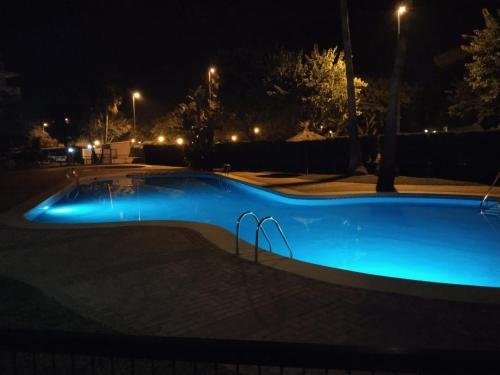 a swimming pool lit up at night at APARTAMENTO PLANTA BAJA CANET DE BERENGUER in Canet de Berenguer