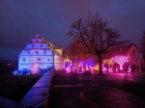 a building with christmas lights on it at night at Résidence Le Château in Montbéliard