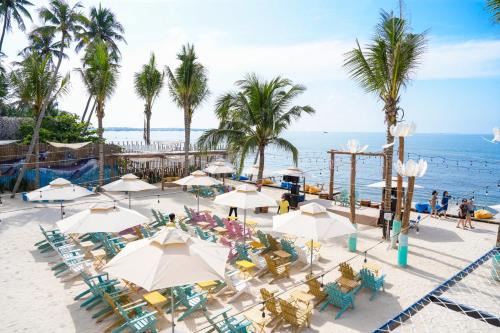 Ấp Khánh Phước (1)にあるMango Beach Hotel & Campingのビーチの空中を望む客室で、椅子とパラソルが備わります。