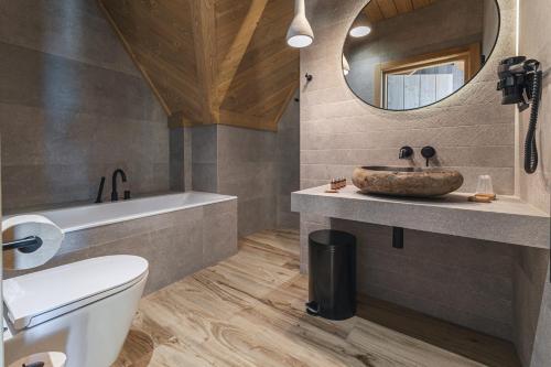 a bathroom with a sink and a toilet and a mirror at Pensjonat Orlik Mountain Resort&SPA in Bukowina Tatrzańska