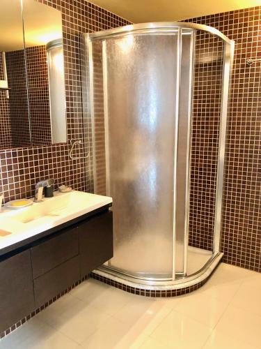 a bathroom with a shower and a sink at l ' HARMATTAN in O Barqueiro