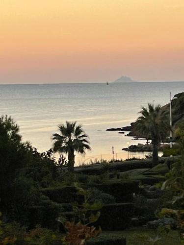 - une plage avec des palmiers et l'océan au coucher du soleil dans l'établissement Appartement à 50 m de la mer, à Six-Fours-les-Plages