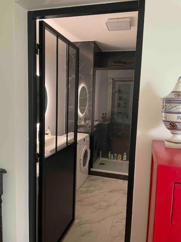 une salle de bain avec un lavabo et une machine à laver dans l'établissement Loft with view on a quiet garden, Parisian Charm, à Paris