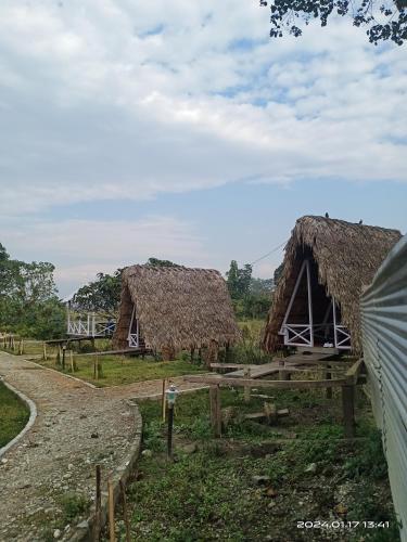 duas cabanas com telhados de palha num campo em Wood Town Resort em Kharem