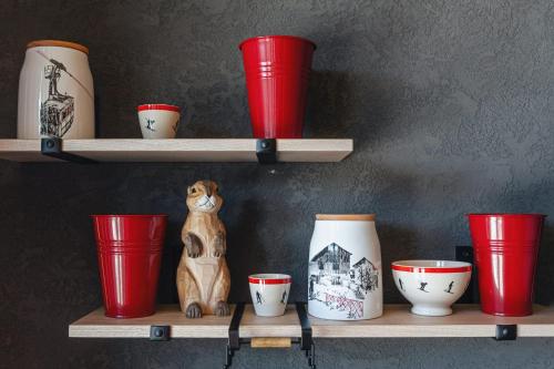 a shelf with red cups and a cat sitting on it at Pensjonat Orlik Mountain Resort&SPA in Bukowina Tatrzańska