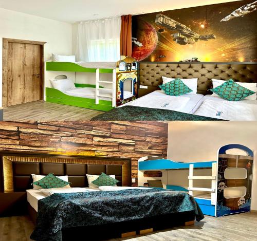 Duas fotografias de um quarto com 2 camas e um beliche. em Pension Kristalpark em Günzburg