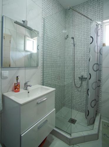 La salle de bains est pourvue d'un lavabo et d'une douche en verre. dans l'établissement Apartmani 18-ka, à Gevgelija