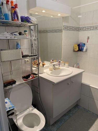 y baño con aseo blanco y lavamanos. en Studio Porte de Paris 15e, en Issy-les-Moulineaux
