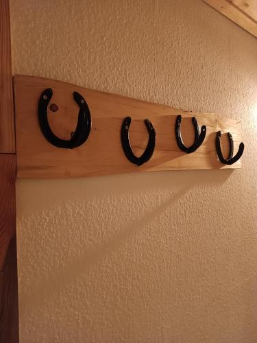 a wooden shelf with horseshoes on a wall at Erlebnisreiterhof Wolferstadt 