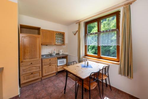 eine Küche mit einem Tisch und Stühlen sowie einem Fenster in der Unterkunft Apartmány U Gášků in Velké Karlovice