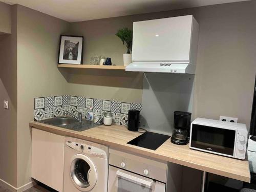 une petite cuisine avec un évier et un micro-ondes dans l'établissement La Suite de l’Empereur/ Logement neuf janvier 2024, à Orléans