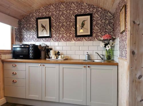 a kitchen with a counter with a microwave and a sink at Shepherd's Hut at Cefn Tilla Court in Usk