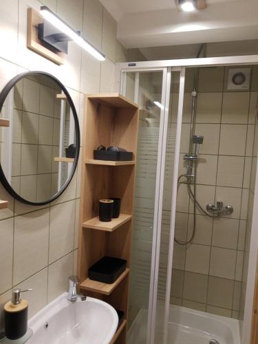 Pokoje Gościnne Iwona في بزيجي: حمام مع دش ومغسلة ومرآة