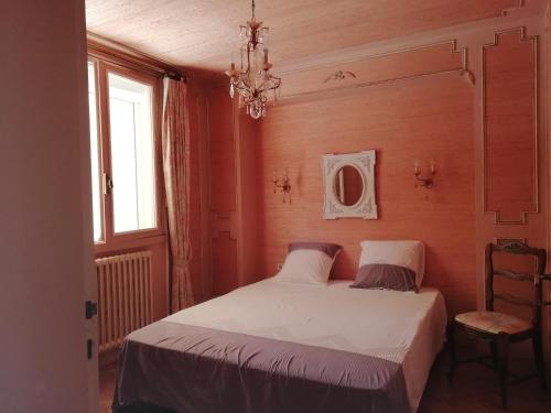 1 dormitorio con cama y lámpara de araña en chez Patrice et Gilda, en Albi