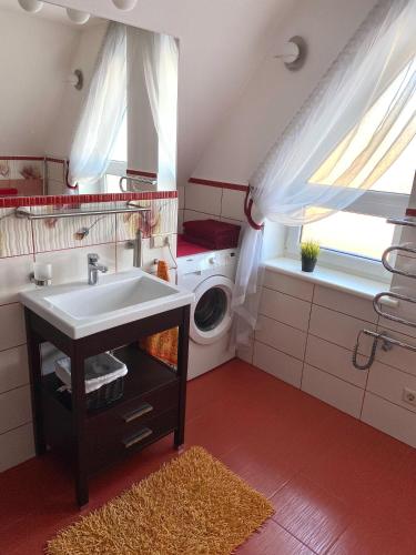 a bathroom with a sink and a washing machine at Classic Car Museum Apartment in Riga