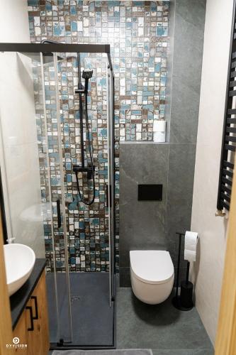 a bathroom with a shower with a toilet and a sink at Zarębisko - noclegi całoroczne in Zwierzyniec