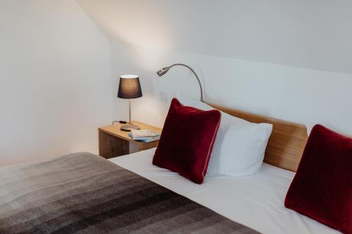 a bedroom with a bed with red pillows and a lamp at SandDorn 1 und 2 in Pruchten