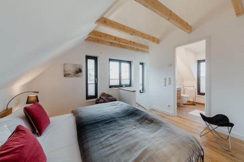 a bedroom with a large bed with red pillows at SandDorn 1 und 2 in Pruchten