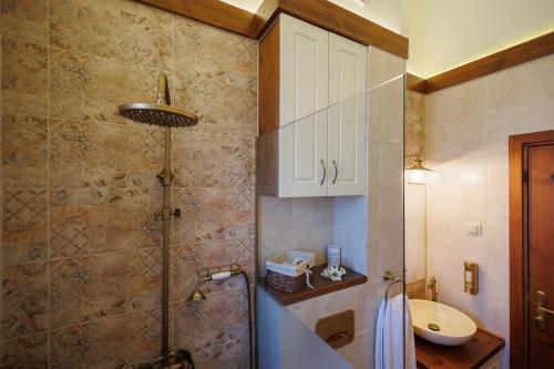 a bathroom with a shower and a sink and a toilet at Mountain villa Jordan- with JACUZZI in Razlog