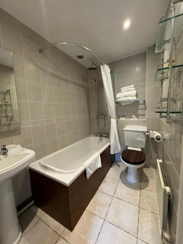 a bathroom with a tub and a toilet and a sink at Tre-Ysgawen Hall & Spa in Llangefni