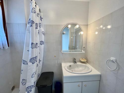 une salle de bain avec un lavabo et un rideau de douche dans l'établissement Duplex Hameaux du soleil PORTICCIO, à Porticcio