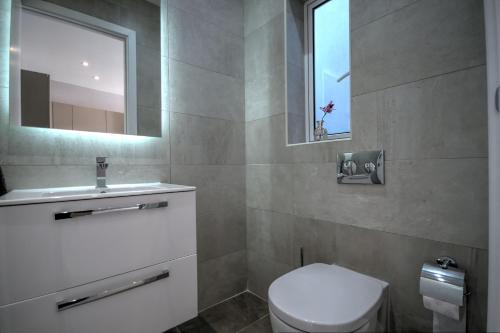 łazienka z toaletą, umywalką i lustrem w obiekcie Penthouse Deluxe w mieście Sliema