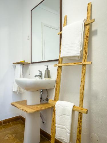 a bathroom with a sink and a shelf with a mirror at Prad'Arte in Santarém