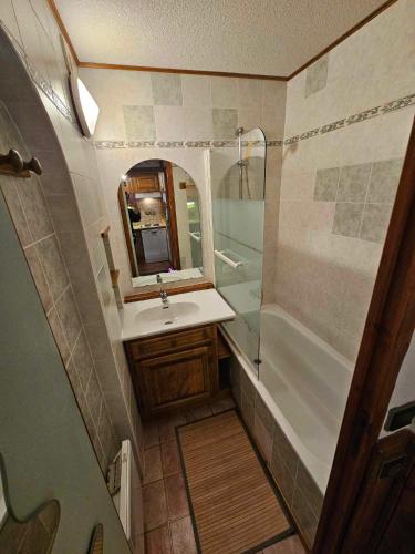 une petite salle de bain avec un lavabo et une douche dans l'établissement Appartement cosy à 100m des pistes, à Modane