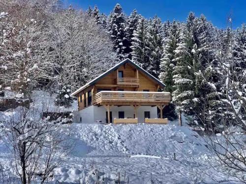 une cabane en rondins dans la neige avec des arbres dans l'établissement CHALET LES 2 MARMOTTES 4 étoiles Bain nordique, Pétanque, à Gerbépal