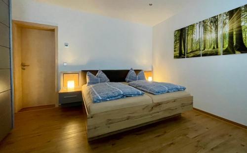 1 dormitorio con 1 cama con 2 almohadas en STADTOASE geräumige Gästewohnungen mit Balkon, Komfort, Modernität und Ruhe, Für Monteure geeignet, Free WiFi, en Frankenberg